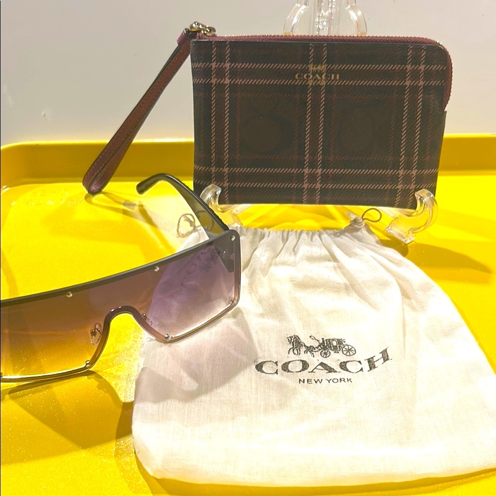 Coach plaid wristlet with Coach DustBag and unbrand Black and Gold Sunglasses